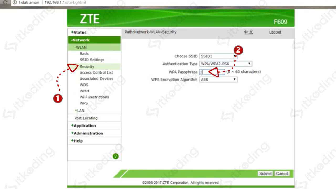 Menu security pada web administrator ZTE F609 IndiHome