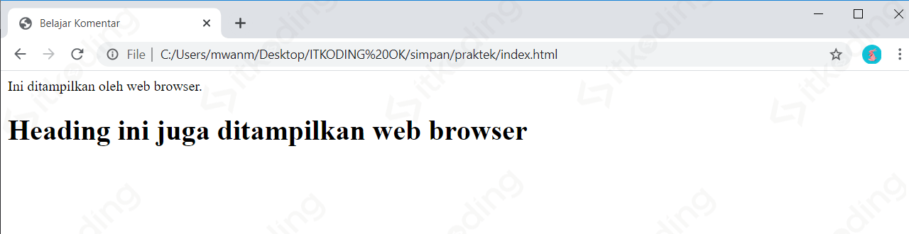 Tampilan komentar HTML di browser