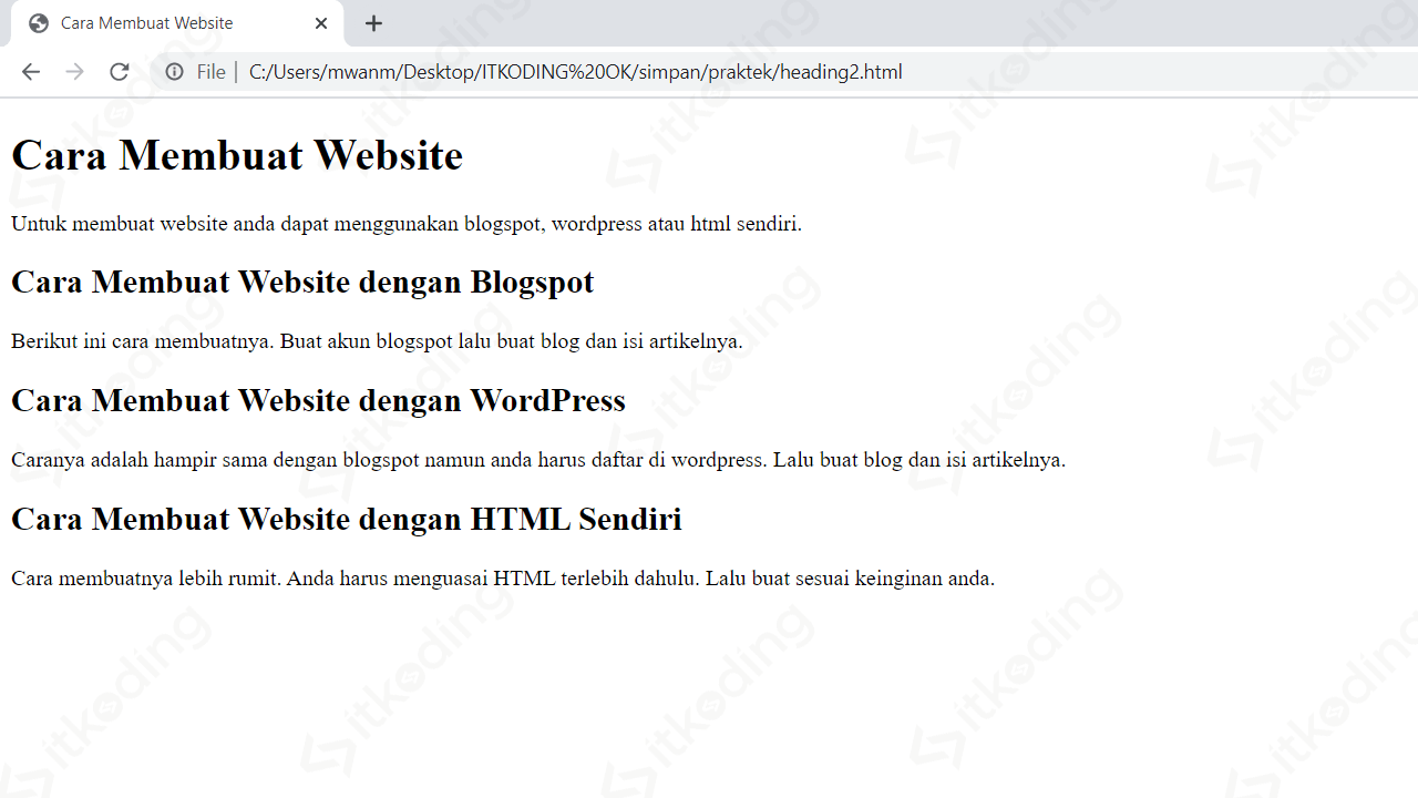Tampilan penerapan heading HTML di browser