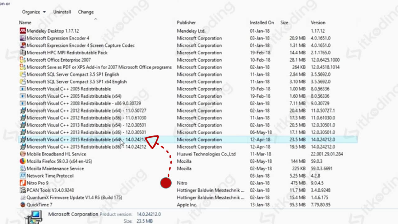 Microsoft Visual C++ 2015 Redistributable di control panel