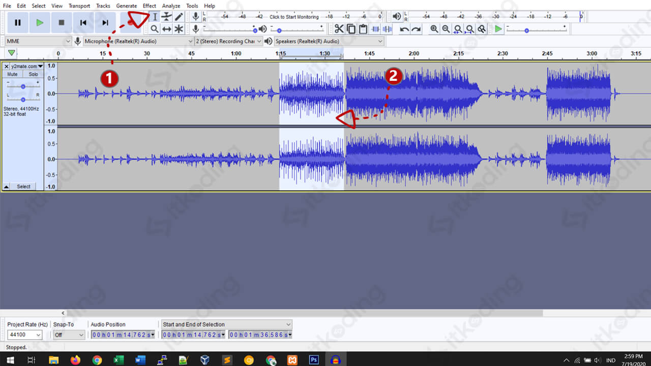 Fitur selection tool pada audacity