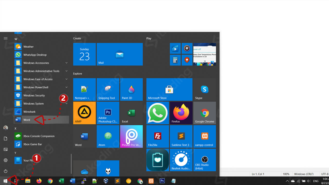 Menu microsoft word di start windows 10