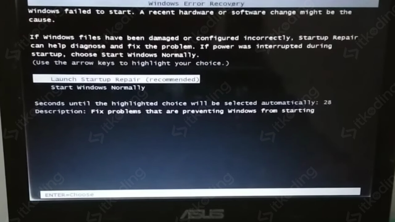 Tampilan windows error recovery saat booting