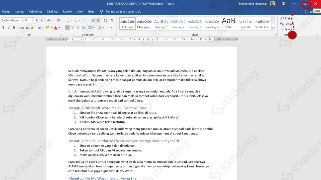 Tombol close di microsoft word