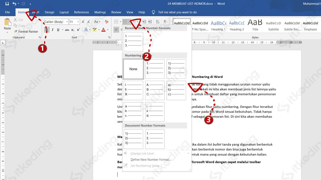 Fitur numbering library di ms word