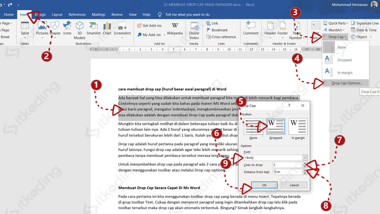 Kotak dialog drop cap di ms word