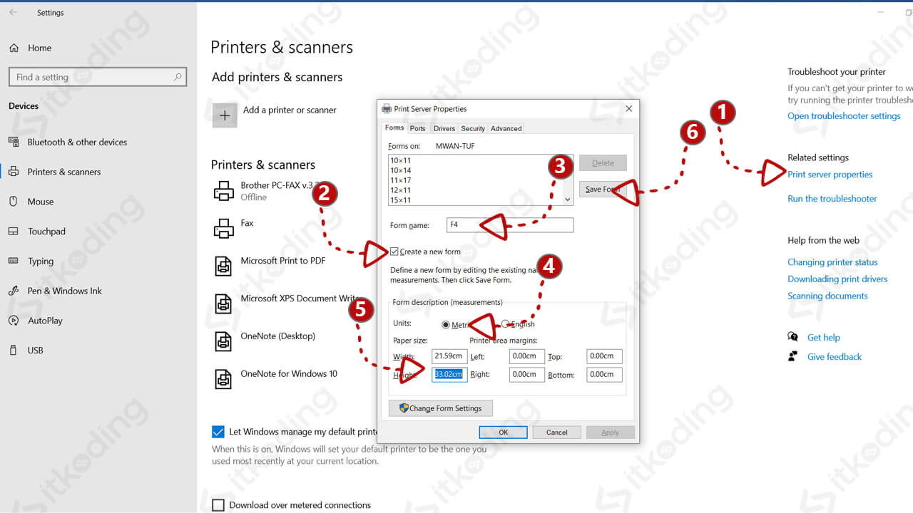 Kotak dialog printer server properties di windows 10