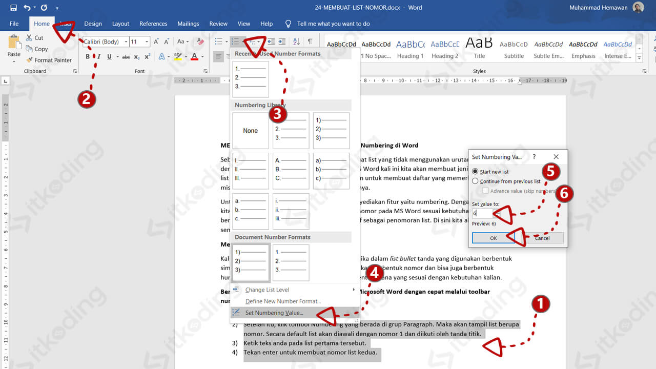 Kotak dialog set number value di word