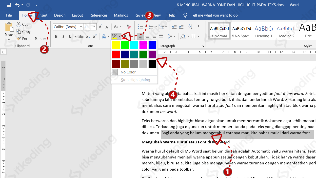 Mengubah Warna Huruf And Memberi Blok Warna Highlight Di Word 9729