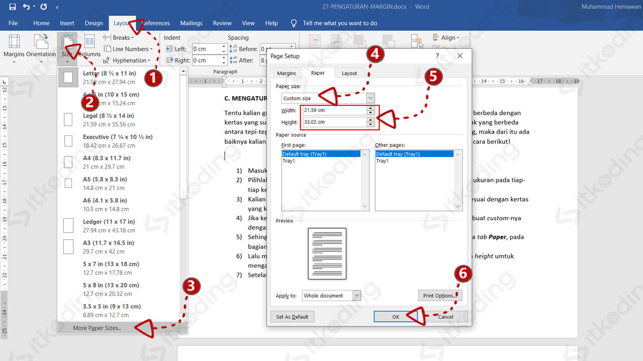 Opsi custom size kertas pada page setup di word