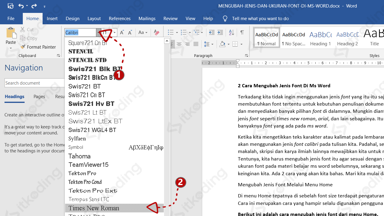 Pilihan jenis huruf di microsoft word