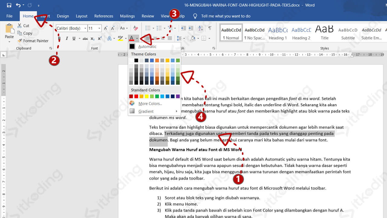 Pilihan warna huruf di microsoft word