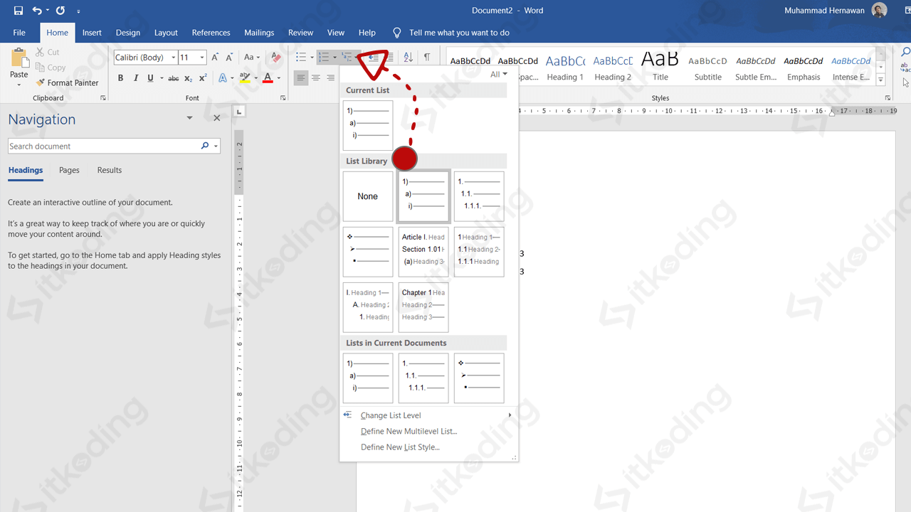 Tombol multilevel list di microsoft word