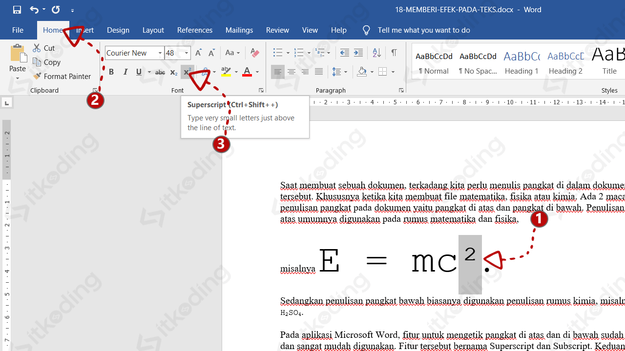 Tombol superscript di ms word