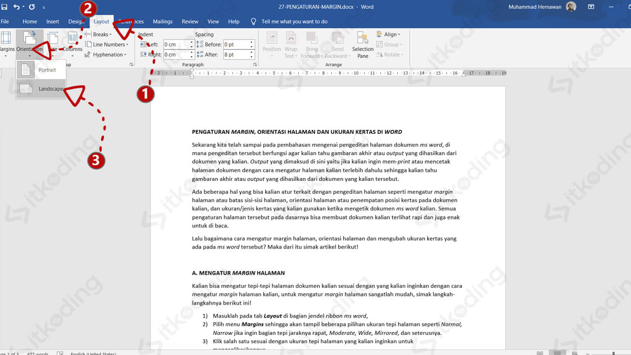 Membuat Halaman Landscape Dan Portrait Di Word Orientasi Kertas