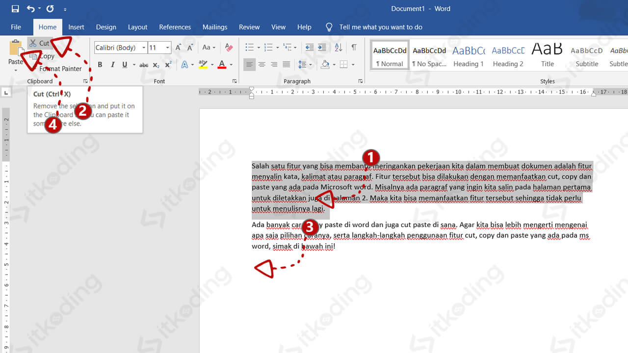 Urutan langkah cut paste di word