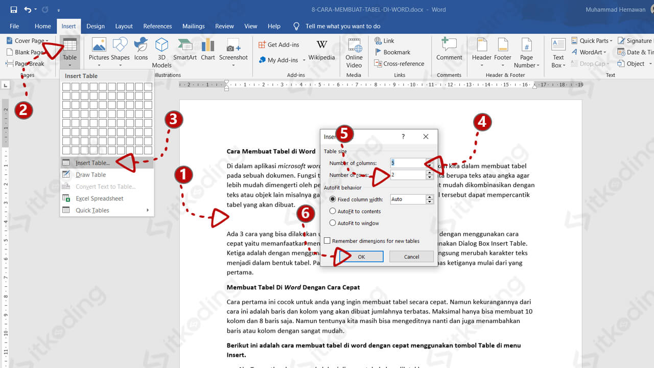 Kotak dialog insert table pada ms word