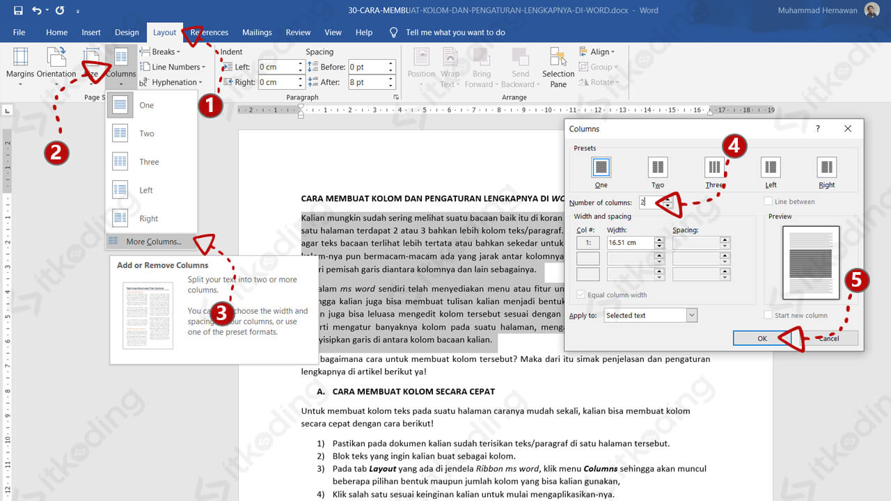 Menu column di ms word