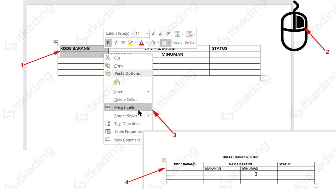 Menu klik kanan merge cells di ms word