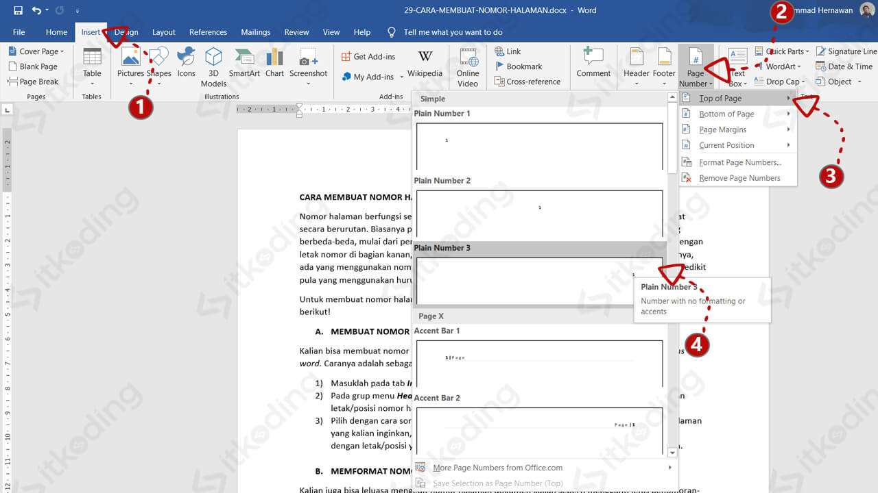 Opsi nomor halaman di header ms word