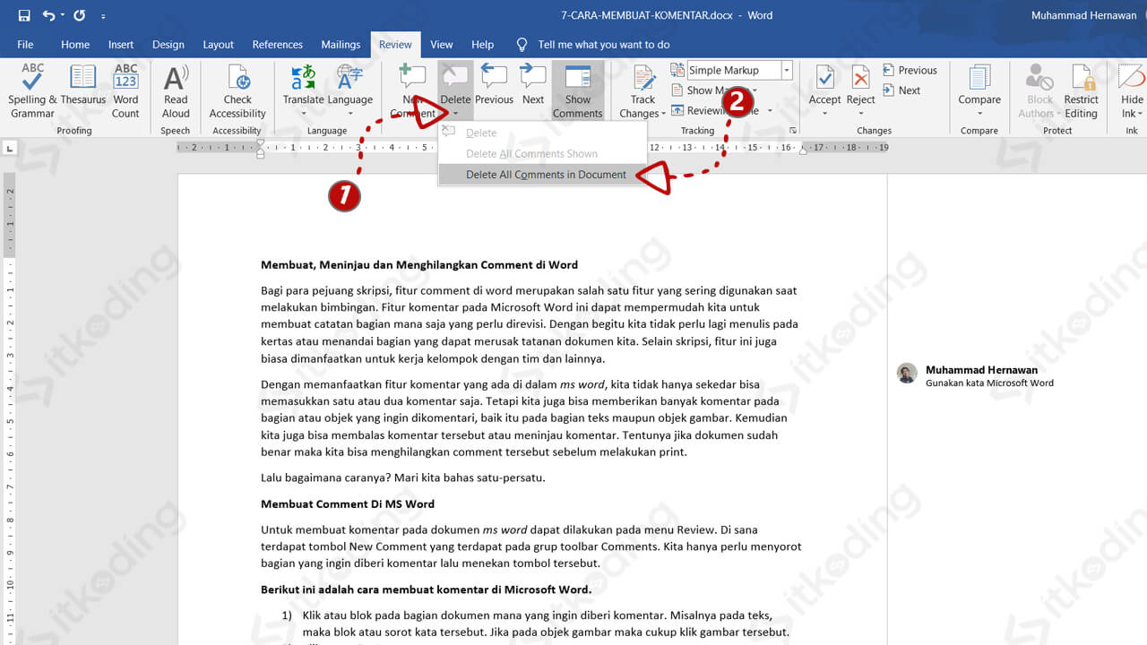 Pilihan pada tombol delete comment di ms word