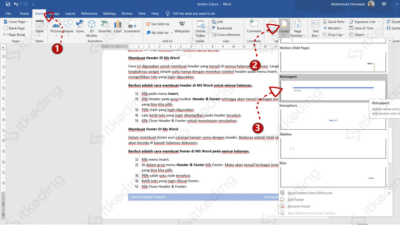 Pilihan style footer pada ms word