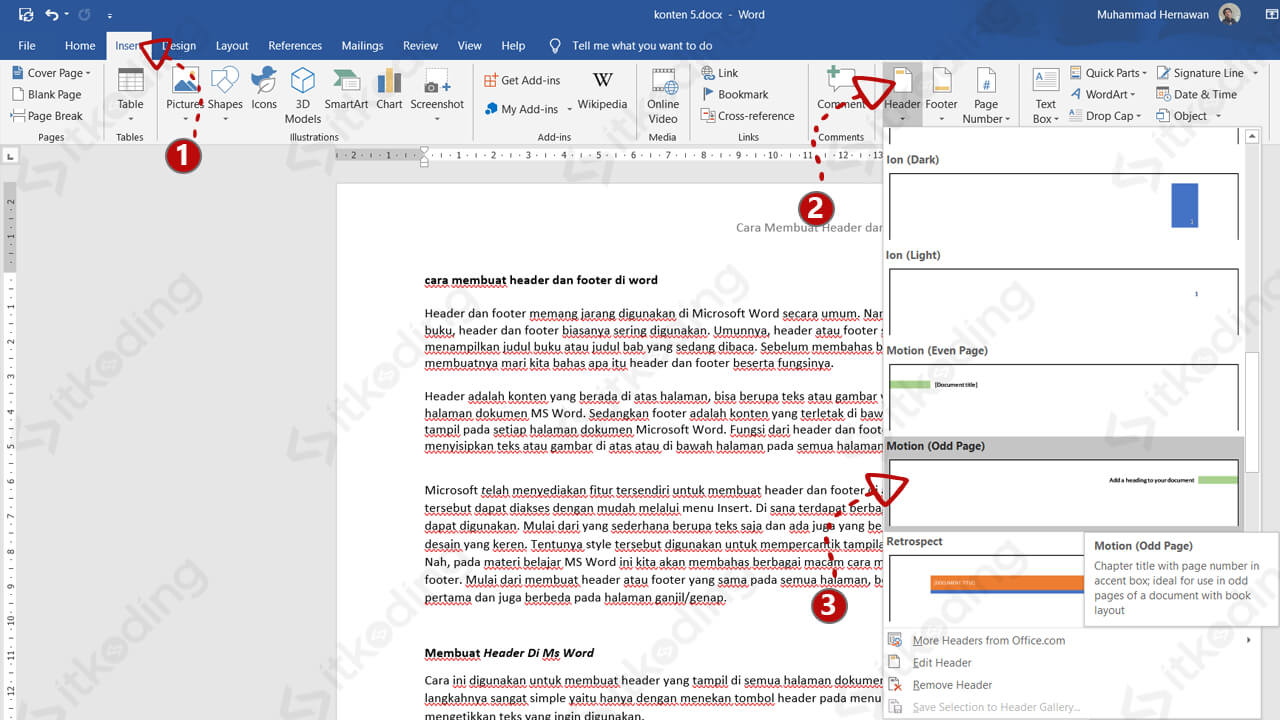 Tombol header di ms word