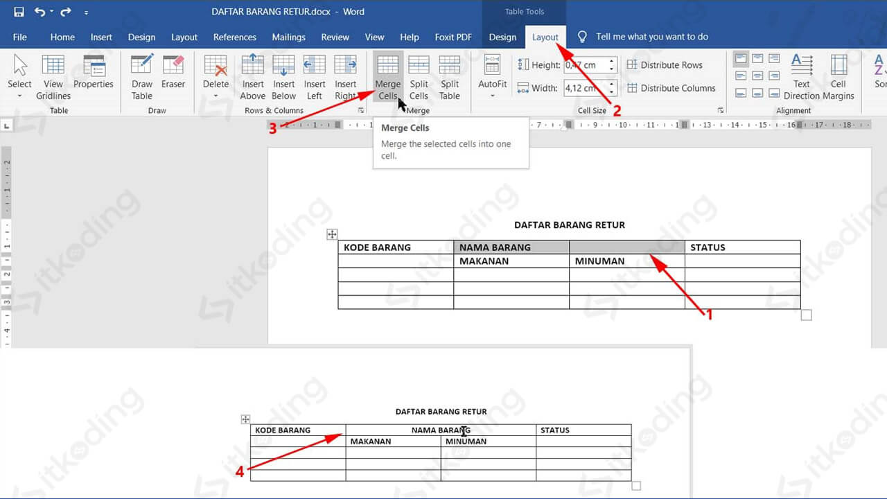 Tombol merge cells di microsoft word