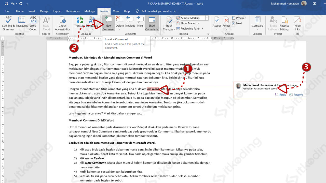 Tombol new comment pada ms word