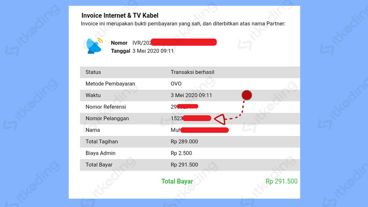 ID pelanggan pada struk pembayaran indihome