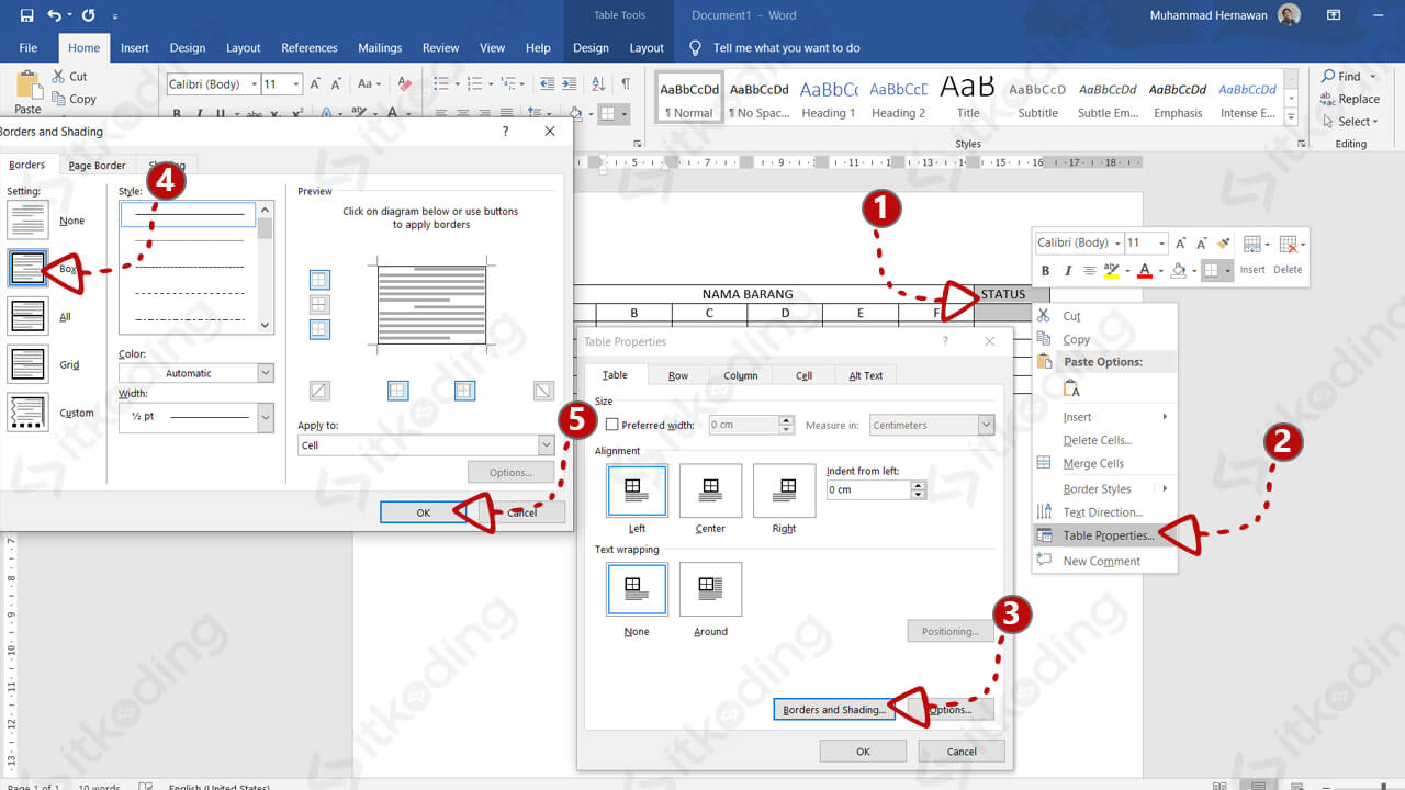 Menu table properties pada ms word