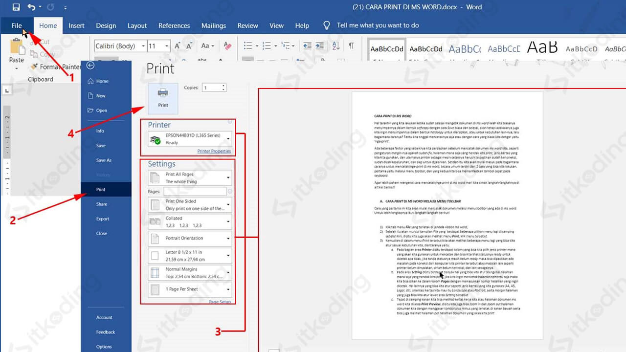 Tampilan menu print di ms word