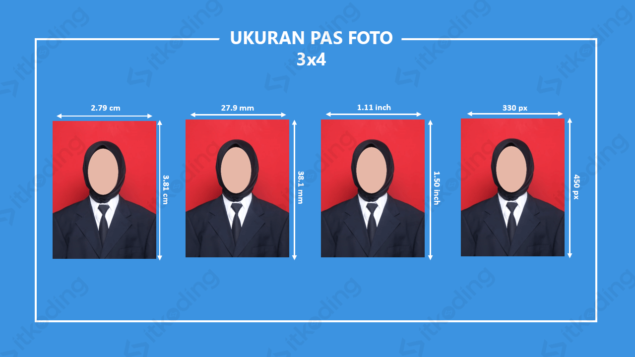 Ilustrasi ukuran pas foto 3x4 dalam cm, mm dan pixel