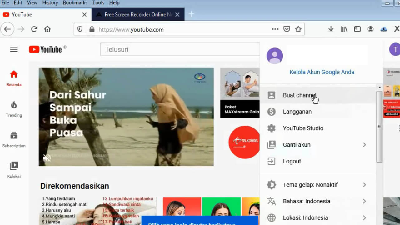 Tombol buat channel pada youtube