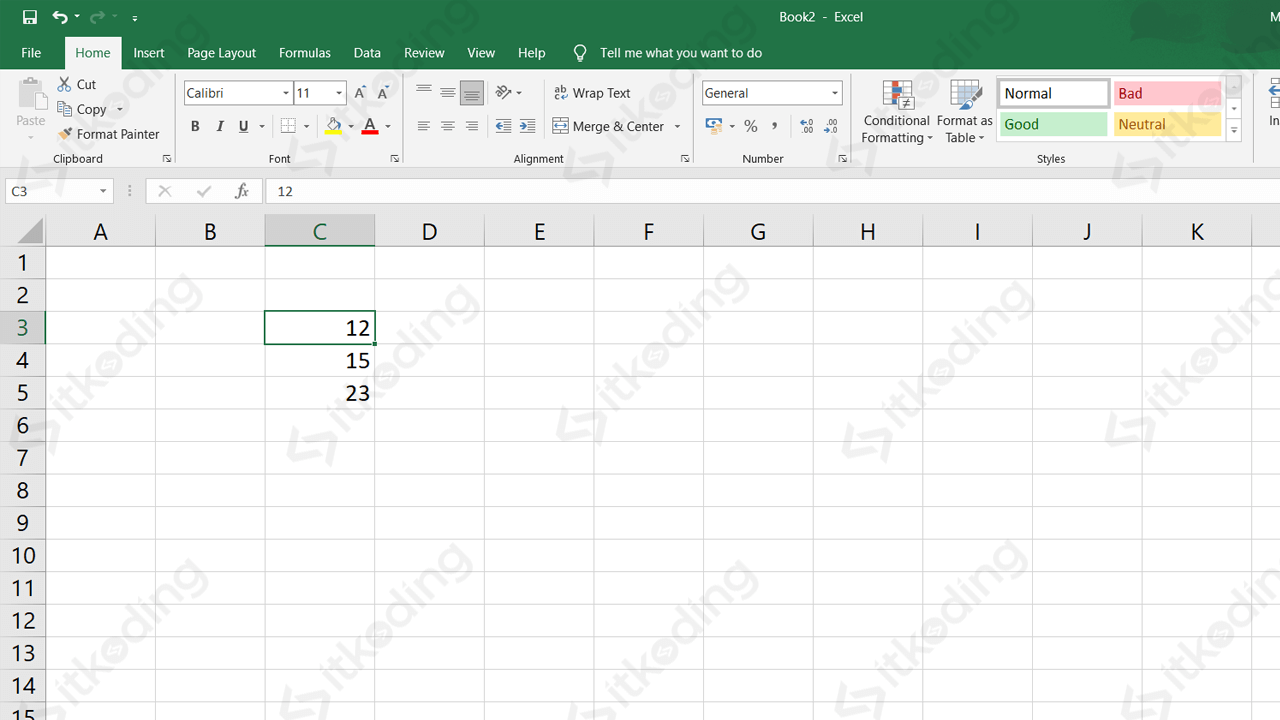 Contoh angka pada cell di excel