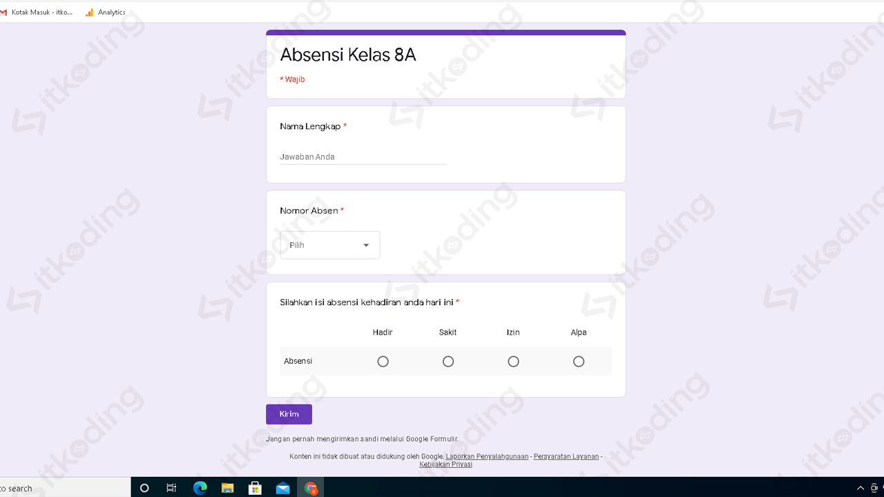 Contoh tampilan absensi di google form