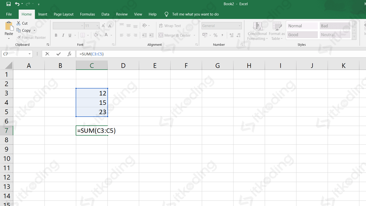 Tampilan penulisan fungsi di excel