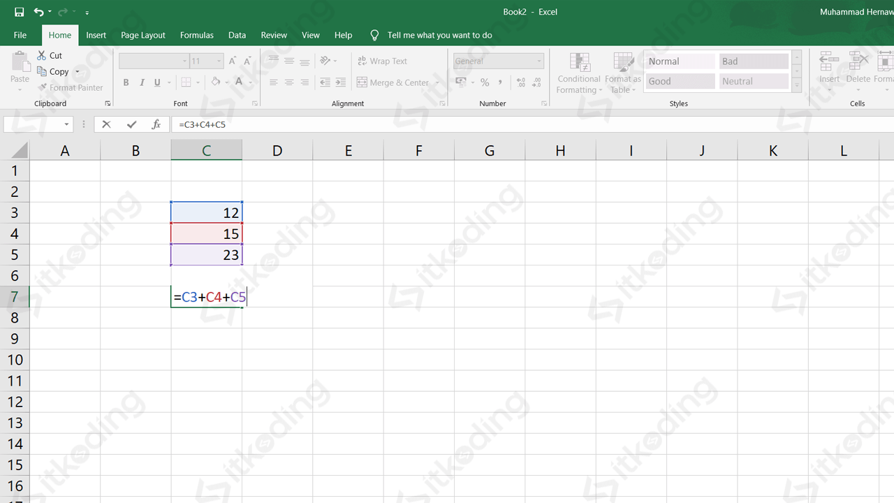 Tampilan penulisan rumus di ms excel