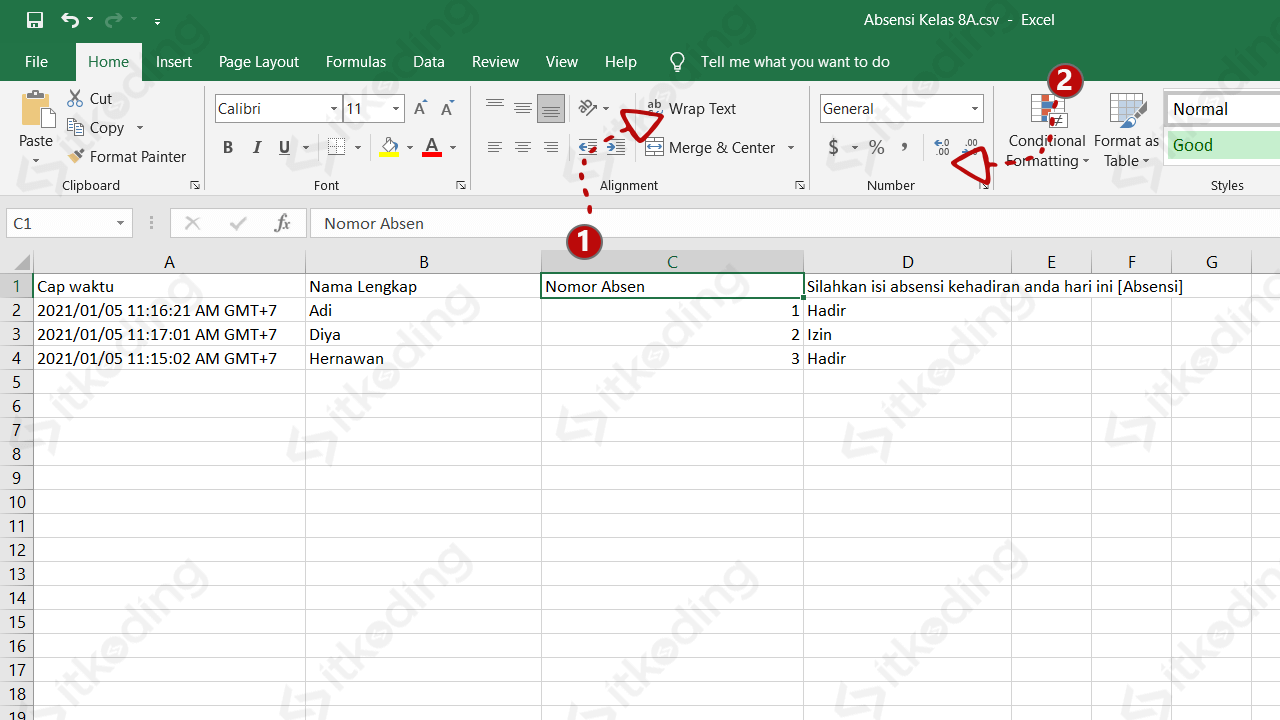 Tampilan rekap absensi di ms excel