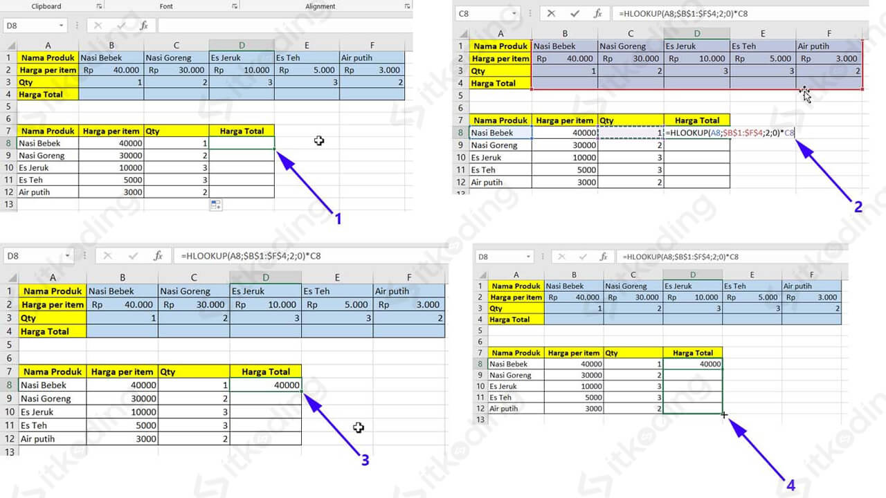 Contoh kombinasi rumus fungsi hlookup di excel