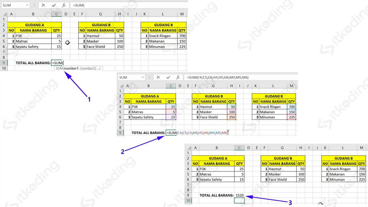 Contoh menjumlahkan sel dengan rumus sum excel