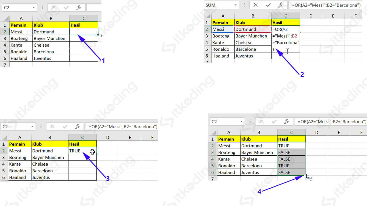 Contoh membandingkan sel dengan teks dan fungsi or excel