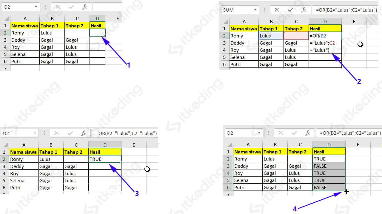 Contoh menampilkan hasil kelulusan dengan fungsi or di excel