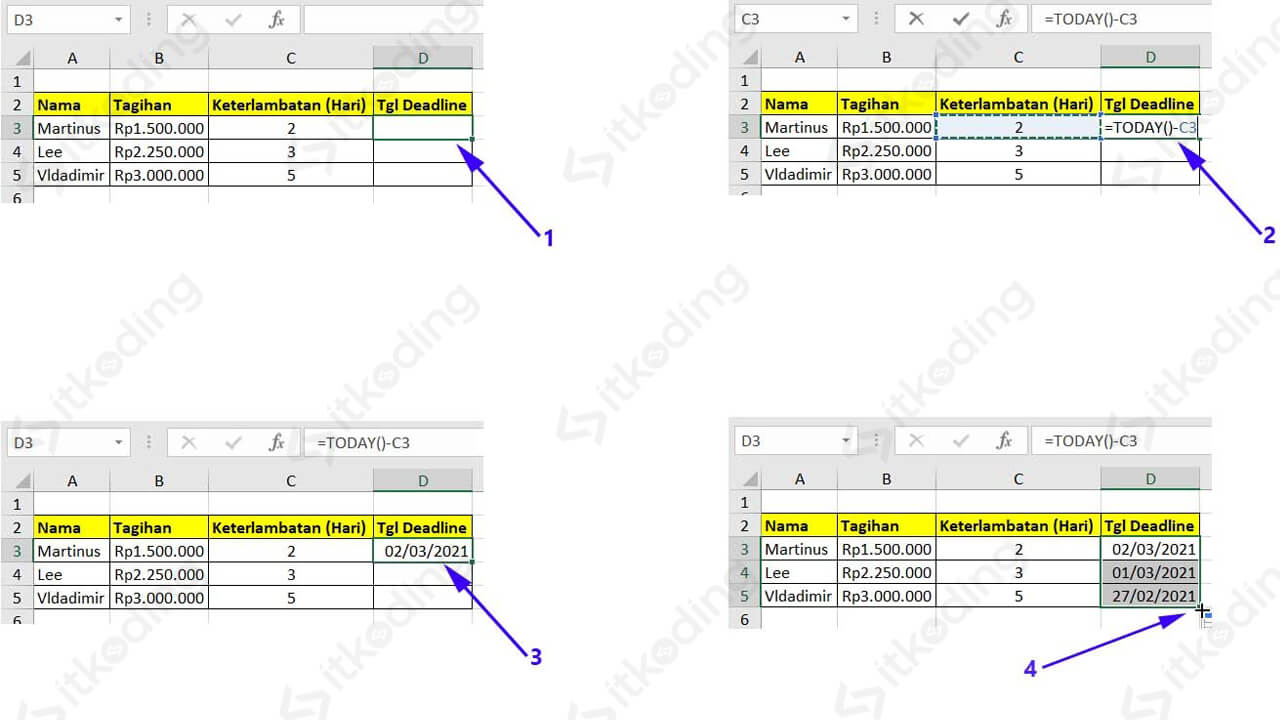 Contoh menampilkan tanggal keterlambatan dengan rumus today