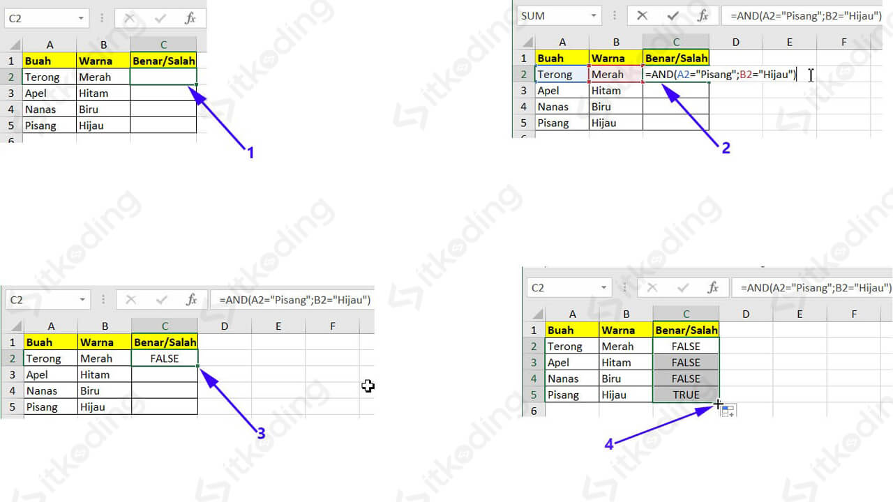 Contoh mencari benar atau salah dengan fungsi and excel