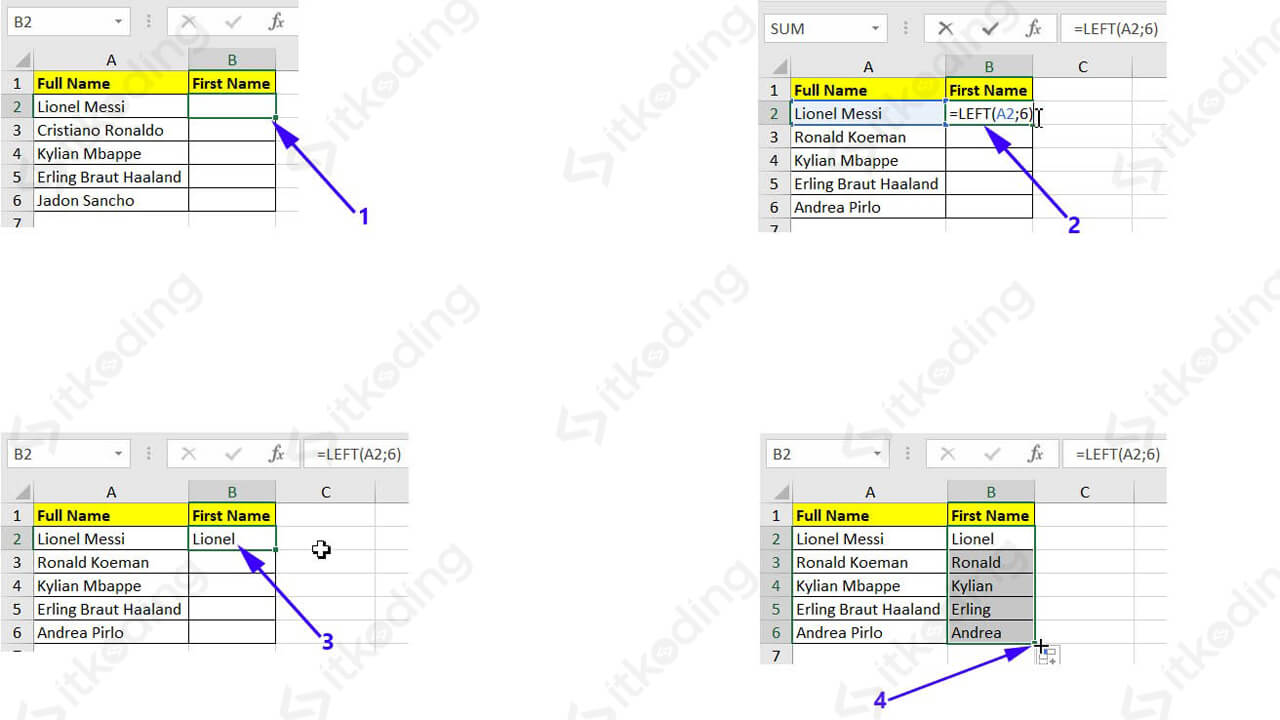 Contoh mengambil karakter dari kiri dengan fungsi left excel