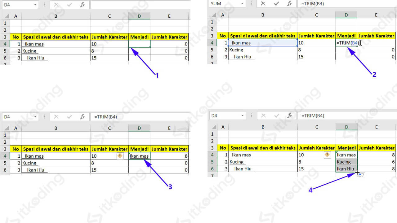 Contoh menghapus spasi berlebih di awal akhir excel