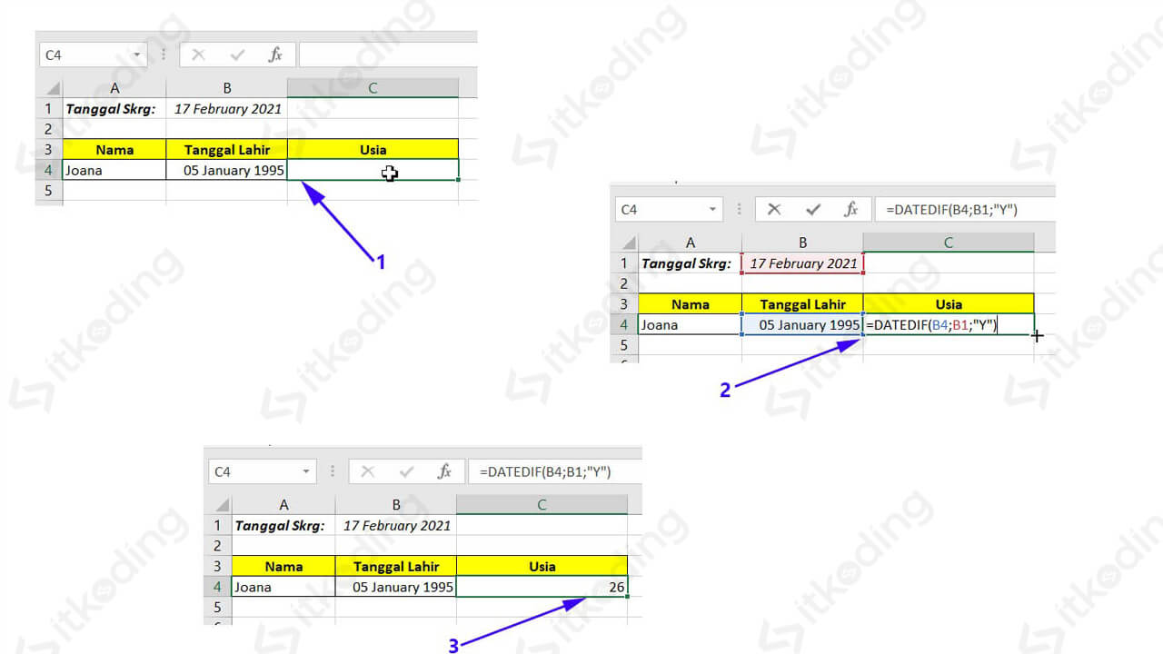 Contoh menghitung usia dengan rumus dateif di excel