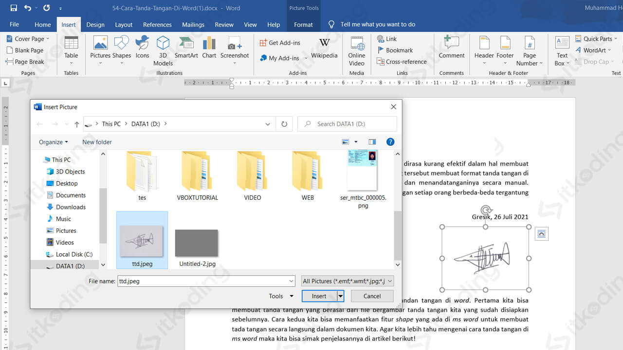 Menu explorer untuk memilih gambar tanda tangan di word