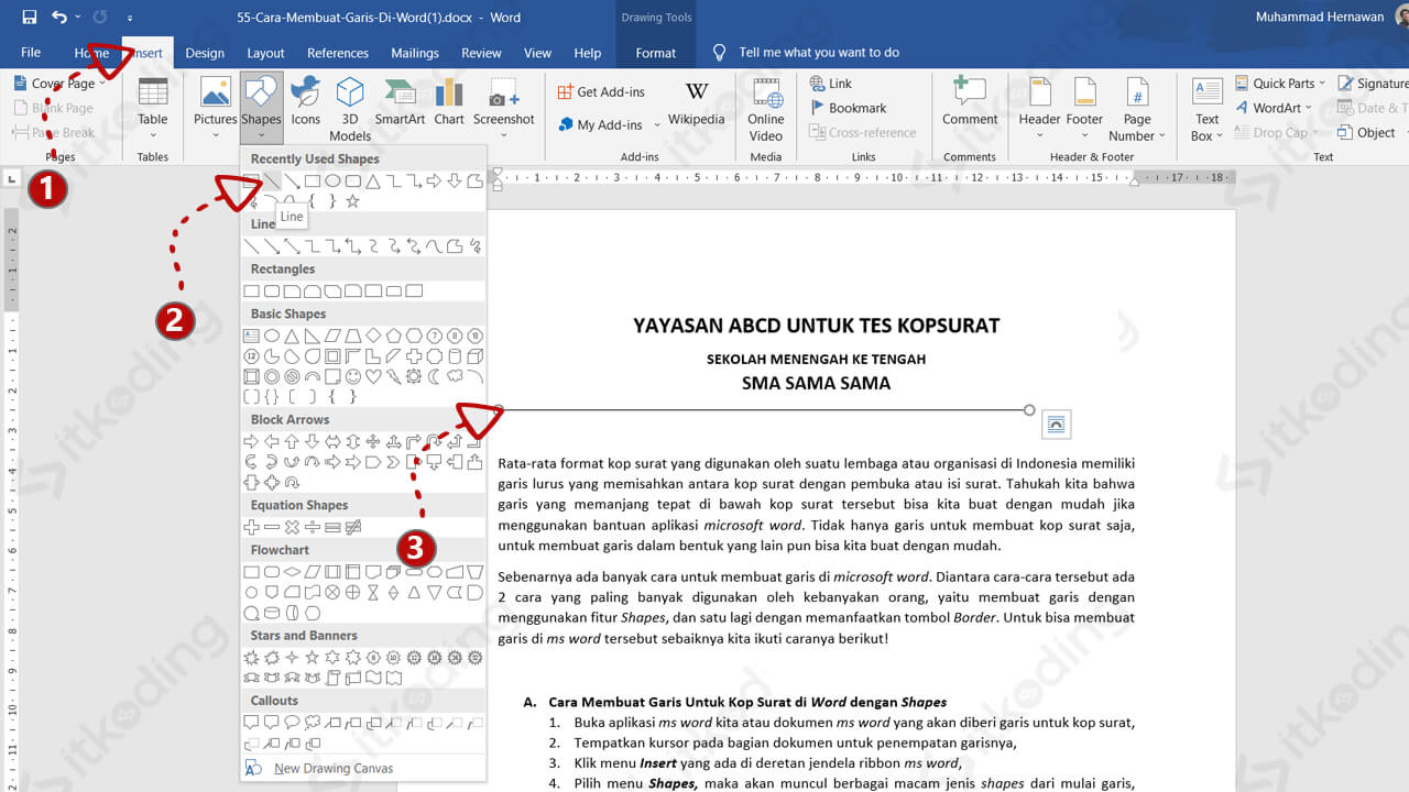 Pilihan garis di menu shapes pada microsoft word